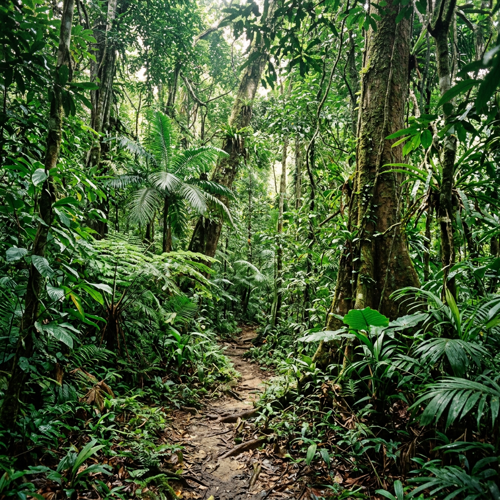 Narrow dirt trail surrounded by dense green tropical vegetation and tall trees