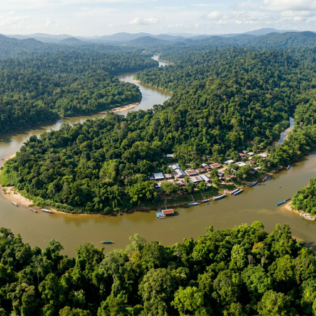 Winding river surrounded by dense green rainforest with small riverside village and boats
