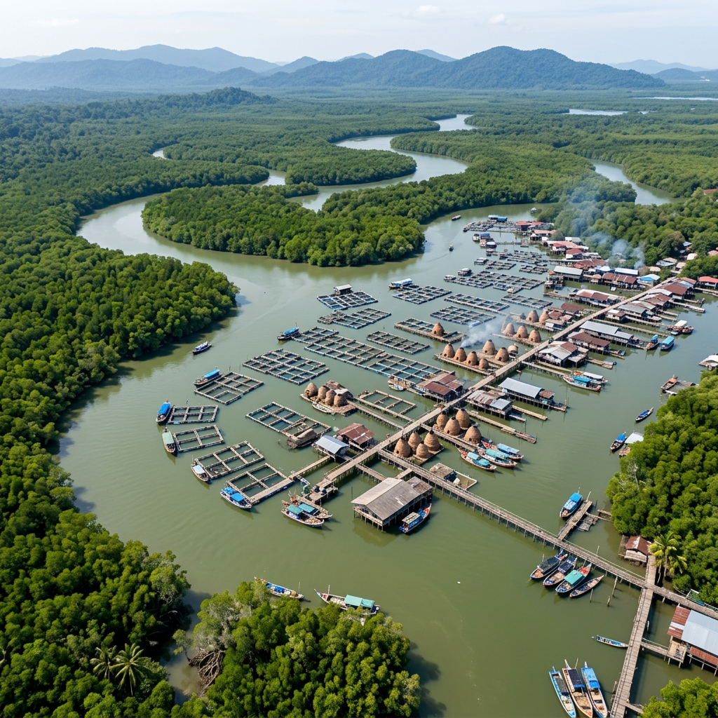 Winding river surrounded by dense green rainforest with small riverside village and boats