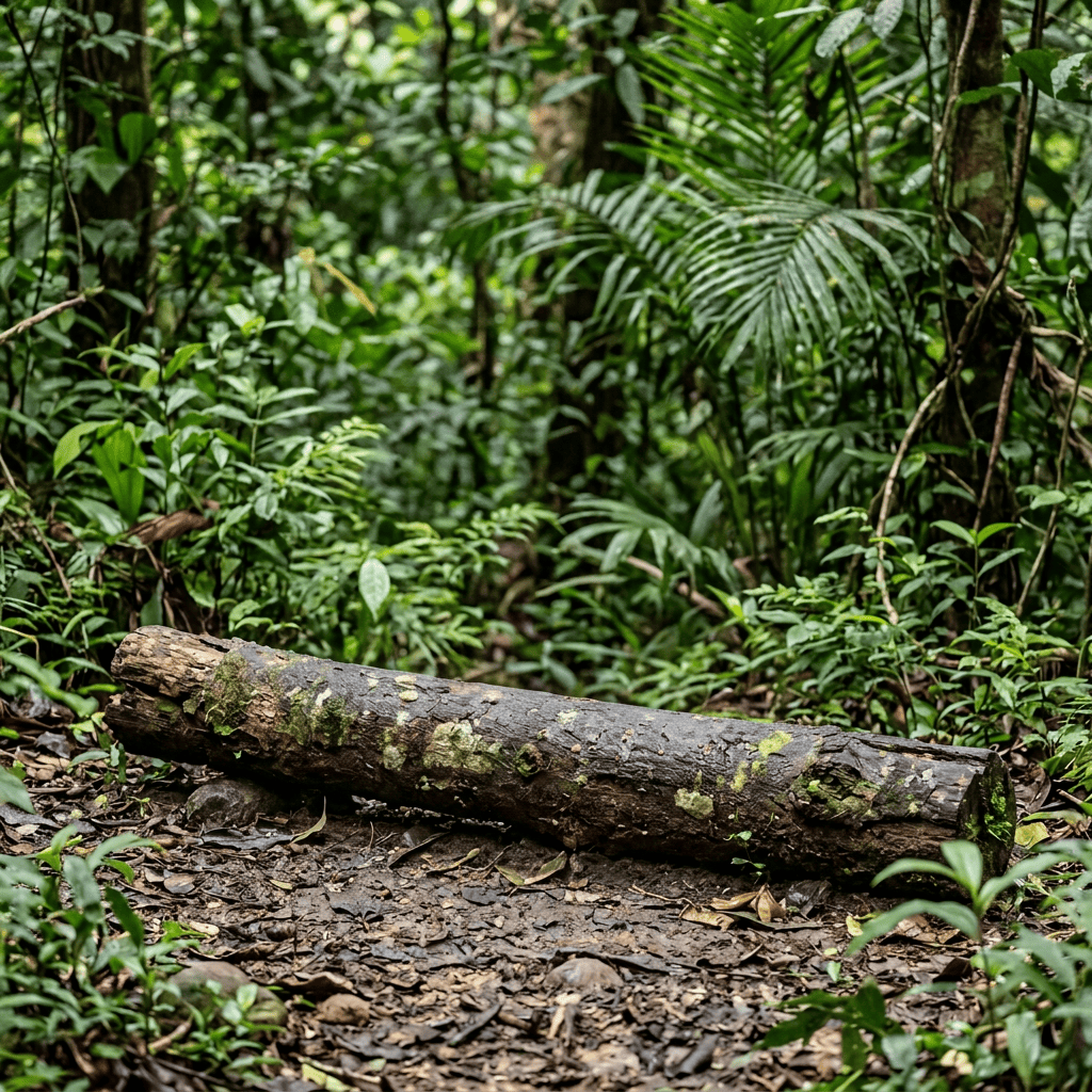 Four colorful birds feeding on seeds atop a moss-covered log in rainforest